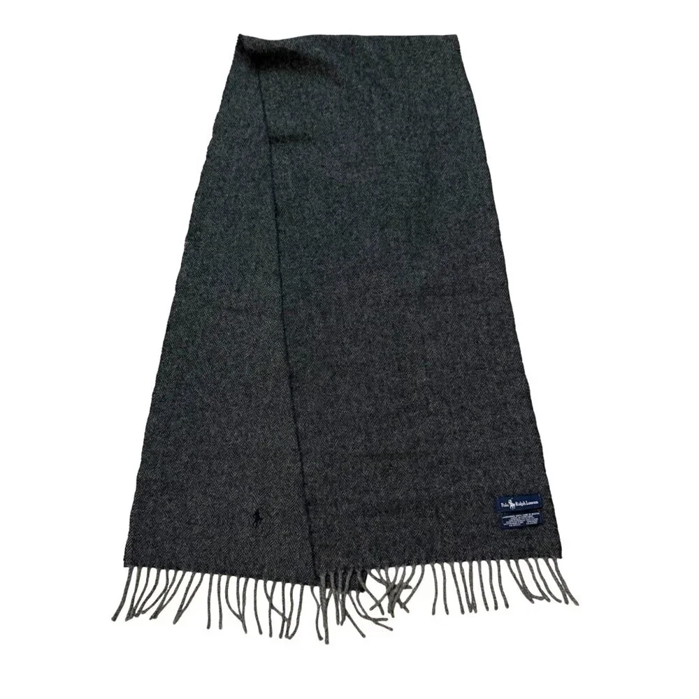 Polo Ralph Lauren Unisex Wrap Scarf Lambswool Charcoal Gray Fringe Fall Winter